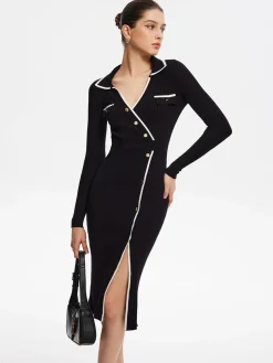 COMMENSE Contrast Trim Wrap Midi Knit Dress* Black Dresses|Sweater Dresses