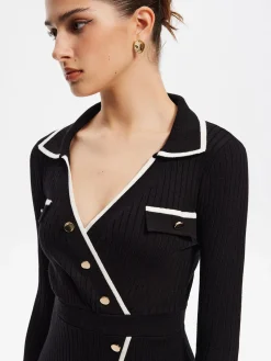 COMMENSE Contrast Trim Wrap Midi Knit Dress* Black Dresses|Sweater Dresses