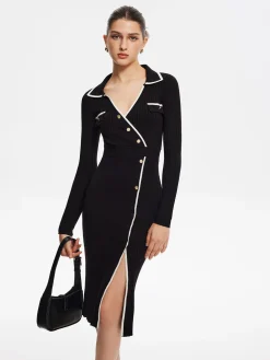 COMMENSE Contrast Trim Wrap Midi Knit Dress* Black Dresses|Sweater Dresses