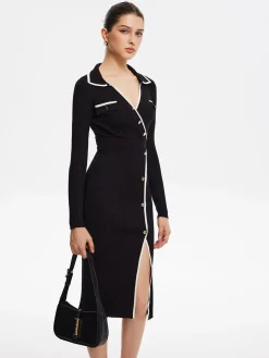 COMMENSE Contrast Trim Wrap Midi Knit Dress* Black Dresses|Sweater Dresses