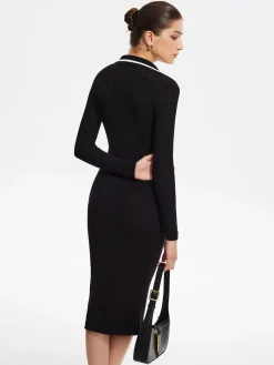 COMMENSE Contrast Trim Wrap Midi Knit Dress* Black Dresses|Sweater Dresses