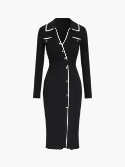 COMMENSE Contrast Trim Wrap Midi Knit Dress* Black Dresses|Sweater Dresses