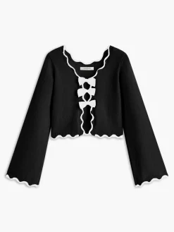 COMMENSE Contrast Wave Trim Bow Sweater* Sweater Tops|Sweaters & Cardigans
