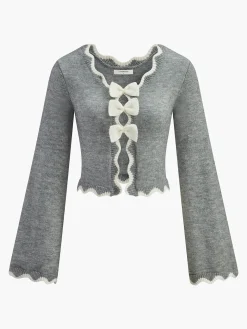 COMMENSE Contrast Wave Trim Bow Sweater* Sweater Tops|Sweaters & Cardigans