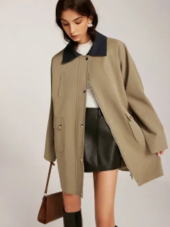 COMMENSE Contrast-Collar Zipper Loose Trench Coat* Outerwear|Coats