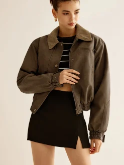 COMMENSE Corduroy-Collar PU Leather Jacket* Outerwear|Jackets