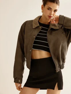 COMMENSE Corduroy-Collar PU Leather Jacket* Outerwear|Jackets