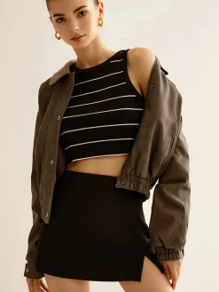 COMMENSE Corduroy-Collar PU Leather Jacket* Outerwear|Jackets