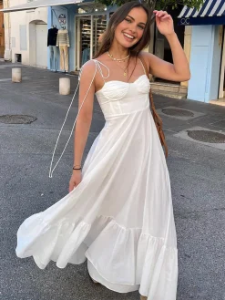 COMMENSE Corset Detail Spaghetti Strap Knotted Long Dress* White Dresses|Casual Dresses