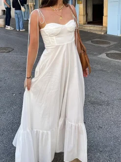 COMMENSE Corset Detail Spaghetti Strap Knotted Long Dress* White Dresses|Casual Dresses