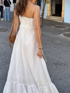 COMMENSE Corset Detail Spaghetti Strap Knotted Long Dress* White Dresses|Casual Dresses