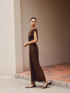 COMMENSE Cotton & Linen Asymmetrical Neck Dress* Black Dresses|Casual Dresses