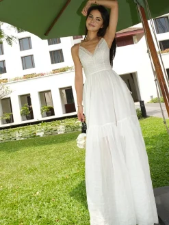 COMMENSE Cotton & Linen Backless Knotted Cami Long Dress* White Dresses|Casual Dresses