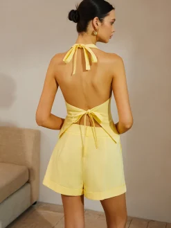 COMMENSE Cotton & Linen Backless Tie Back Shorts Set* Shorts Sets|Shorts