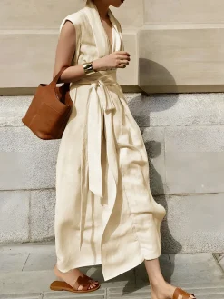 COMMENSE Cotton & Linen Belted Sleeveless Long Dress* Casual Dresses|Vacation Dresses