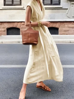 COMMENSE Cotton & Linen Belted Sleeveless Long Dress* Casual Dresses|Vacation Dresses