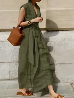 COMMENSE Cotton & Linen Belted Sleeveless Long Dress* Casual Dresses|Vacation Dresses