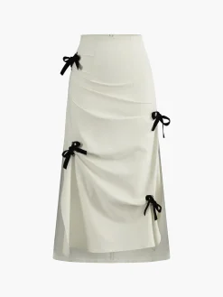 COMMENSE Cotton & Linen Bow Decor Split Midi Skirt* Skirts|Bottoms