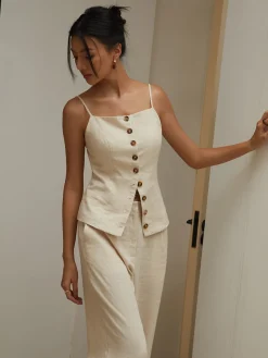 COMMENSE Cotton & Linen Button Cami Top* Tank Tops & Camis|Tops