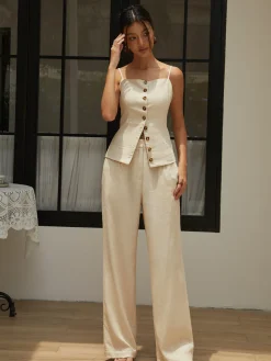 COMMENSE Cotton & Linen Button Cami Top* Tank Tops & Camis|Tops