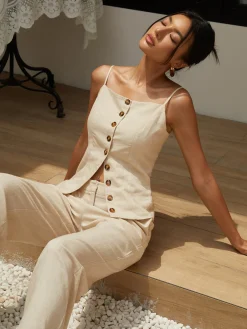 COMMENSE Cotton & Linen Button Cami Top* Tank Tops & Camis|Tops