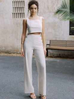 COMMENSE Cotton & Linen Button Decor Tank Top With Straight Leg Pants Set* Pants Sets|Tank Tops & Camis