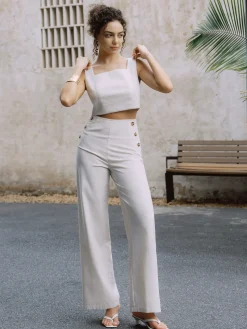 COMMENSE Cotton & Linen Button Decor Tank Top With Straight Leg Pants Set* Pants Sets|Tank Tops & Camis