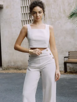 COMMENSE Cotton & Linen Button Decor Tank Top With Straight Leg Pants Set* Pants Sets|Tank Tops & Camis
