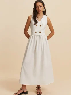 COMMENSE Cotton & Linen Button Sleeveless Dress* White Dresses|Vacation Dresses