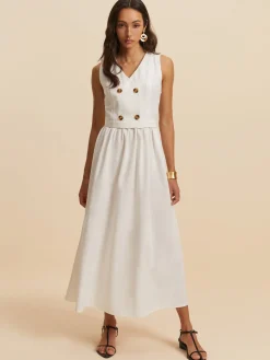 COMMENSE Cotton & Linen Button Sleeveless Dress* White Dresses|Vacation Dresses