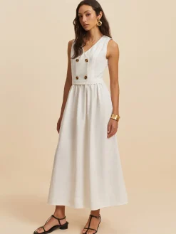 COMMENSE Cotton & Linen Button Sleeveless Dress* White Dresses|Vacation Dresses