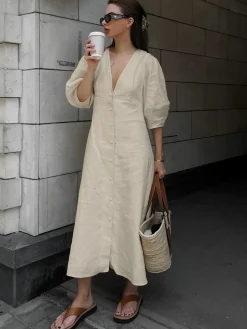 COMMENSE Cotton & Linen Button-Front Knotted Long Dress* White Dresses|Casual Dresses