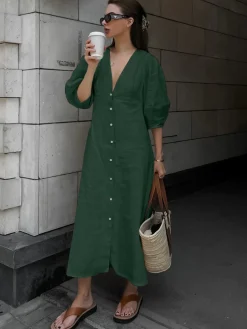 COMMENSE Cotton & Linen Button-Front Knotted Long Dress* White Dresses|Casual Dresses