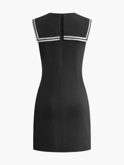 COMMENSE Cotton & Linen Contrast Trim Short Dress* Black Dresses|Casual Dresses