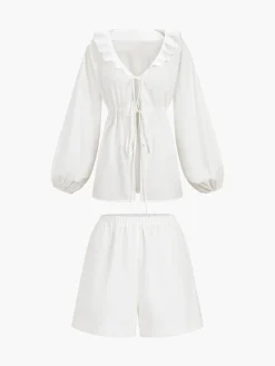 COMMENSE Cotton & Linen Cowgirl Melody Two Piece Shorts Set* Shorts Sets|Long Sleeve Sets