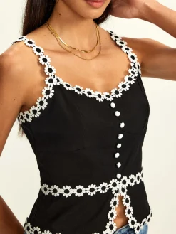 COMMENSE Cotton & Linen Daisy Trim Split Cami Top* Tank Tops & Camis|Tops