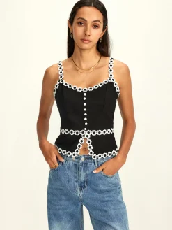 COMMENSE Cotton & Linen Daisy Trim Split Cami Top* Tank Tops & Camis|Tops