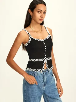 COMMENSE Cotton & Linen Daisy Trim Split Cami Top* Tank Tops & Camis|Tops