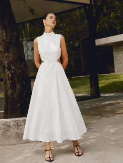 COMMENSE Cotton & Linen Elegant Cutout Long Dress* White Dresses|Casual Dresses