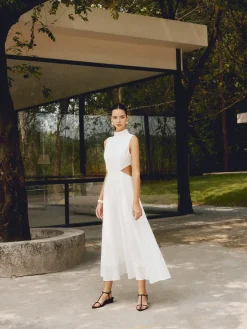 COMMENSE Cotton & Linen Elegant Cutout Long Dress* White Dresses|Casual Dresses