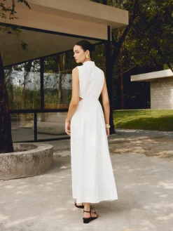 COMMENSE Cotton & Linen Elegant Cutout Long Dress* White Dresses|Casual Dresses