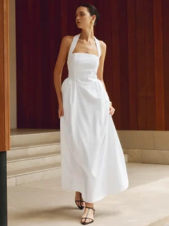 COMMENSE Cotton & Linen Halter A Line Long Dress* White Dresses|Black Dresses