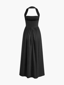 COMMENSE Cotton & Linen Halter A Line Long Dress* White Dresses|Black Dresses