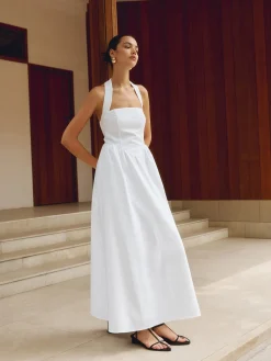 COMMENSE Cotton & Linen Halter A Line Long Dress* White Dresses|Black Dresses