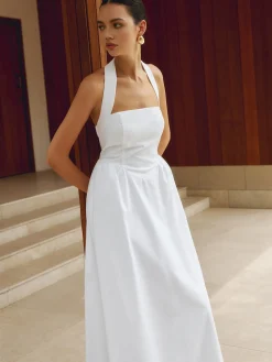 COMMENSE Cotton & Linen Halter A Line Long Dress* White Dresses|Black Dresses