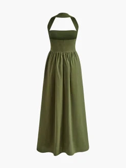 COMMENSE Cotton & Linen Halter A Line Long Dress* White Dresses|Black Dresses