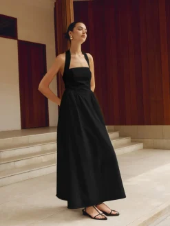 COMMENSE Cotton & Linen Halter A Line Long Dress* White Dresses|Black Dresses