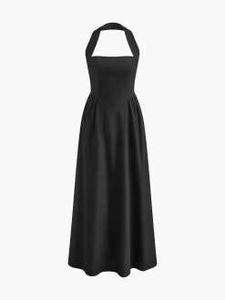 COMMENSE Cotton & Linen Halter A Line Long Dress* White Dresses|Black Dresses
