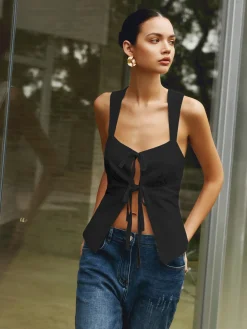 COMMENSE Cotton & Linen Knotted Bow Detail Tank Top* Blouses & Shirts|Tank Tops & Camis