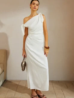 COMMENSE Cotton & Linen Knotted Strap Long Dress* White Dresses|Casual Dresses